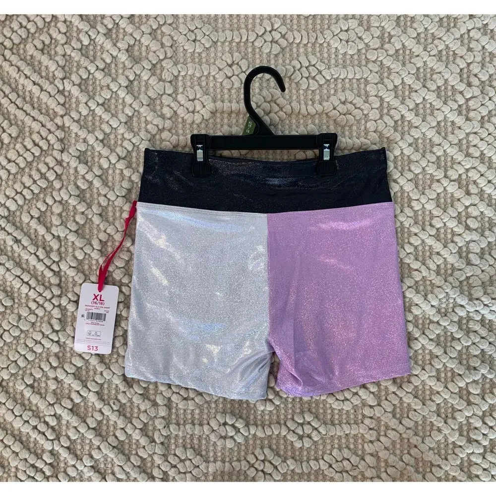 Justice Sparkly Purple Silver Dance Activewear Bike Shorts Size XL NWT